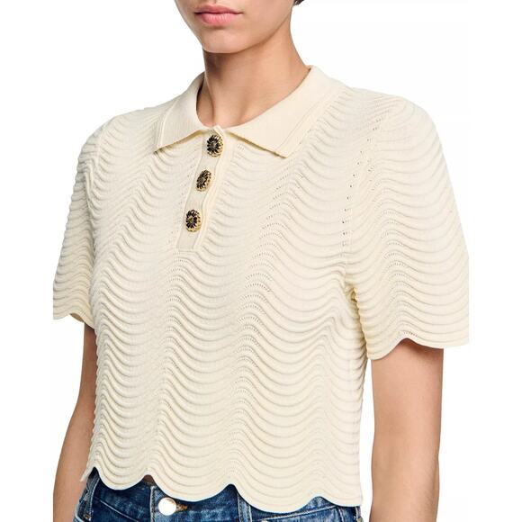 Sandro Campea Wavy Knit Cropped Polo Sweater size 1 small - Picture 1 of 7